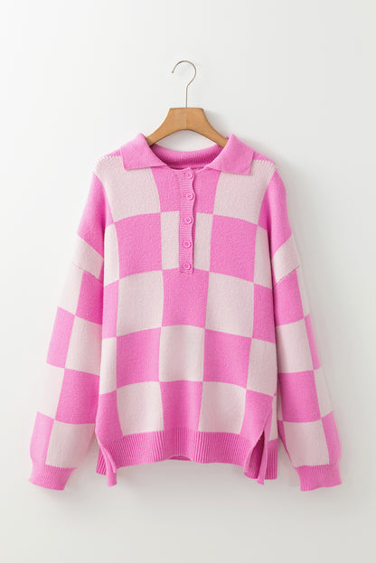 Checkerboard Half Button Collared Drop Shoulder Sweater | Pink