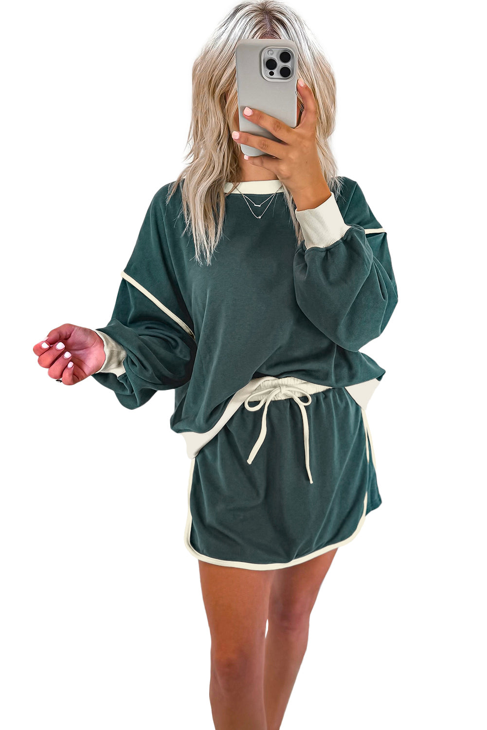 Colour Contrast Loose Pullover And Lace-Up Waist Skort Set | Evergreen