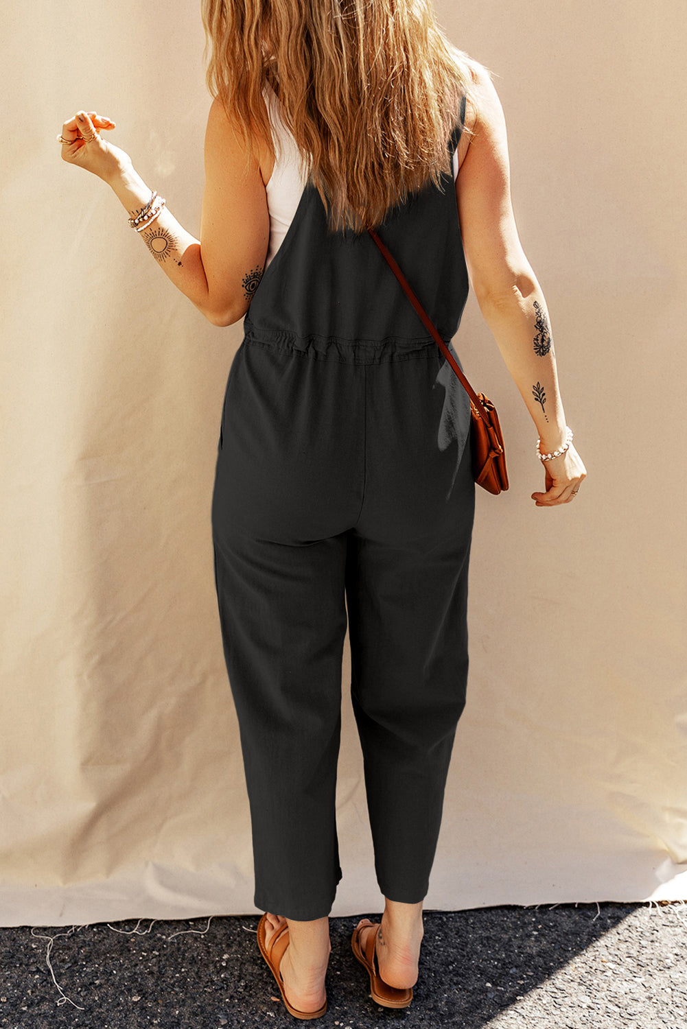 Drawstring Buttoned Straps Cropped Overall | Black