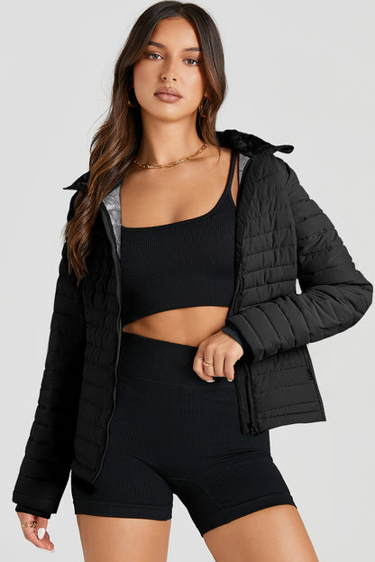 Solid Colour Quilted Zip-Up Puffer Jacket | Black