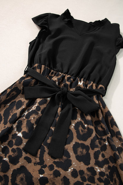 Flutter Sleeve Bodice Splicing Leopard Print Dress | Black