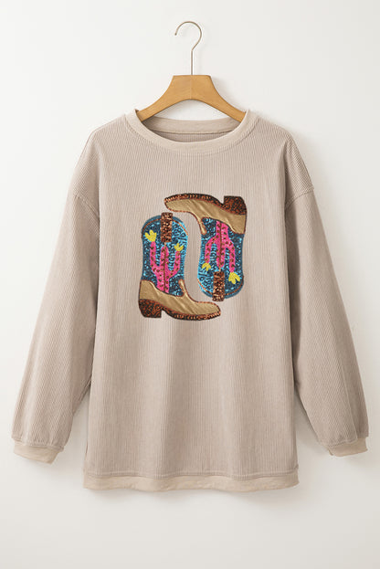 Western Cowboy Boots Graphic Corded Loose Sweatshirt | Smoke Gray