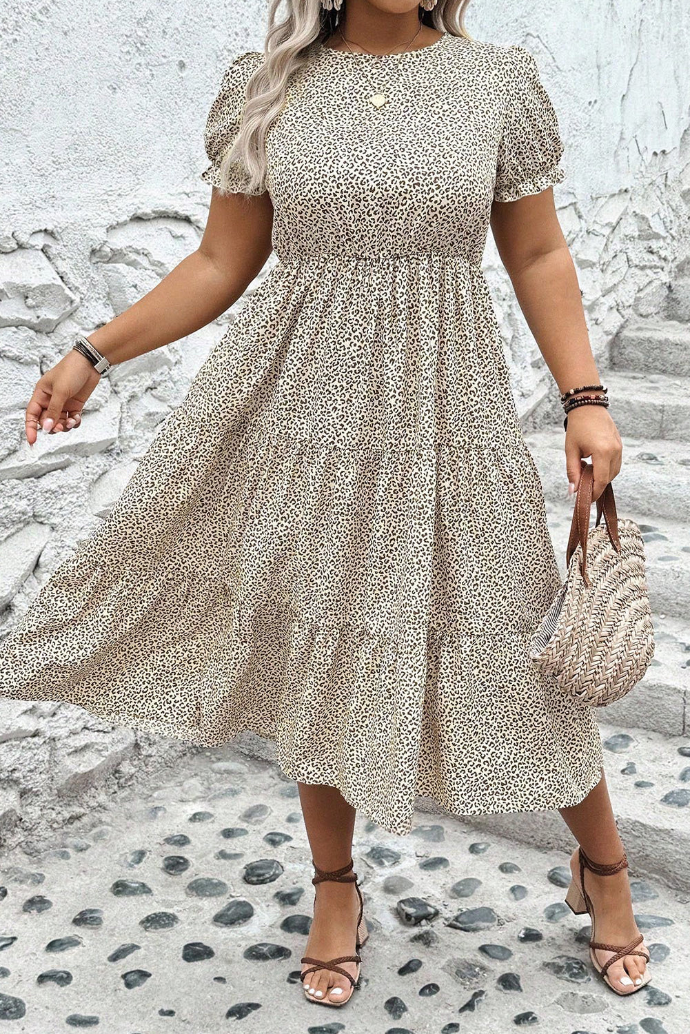 Plus Size Leopard Print Frill Trim Short Sleeve Flared Dress | Beige