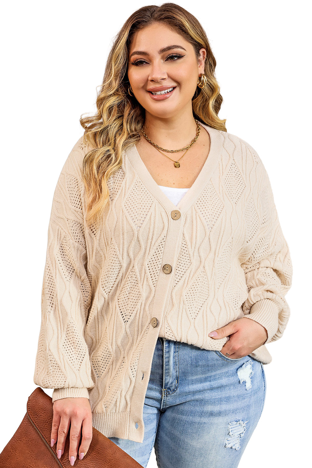 Plus Size Knitted Hollow Out Button Up Cardigan | Apricot