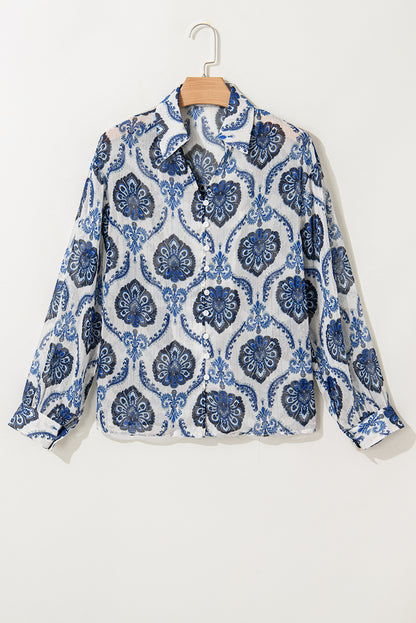 Tribal Pattern Buttoned Front Loose Shirt | Blue