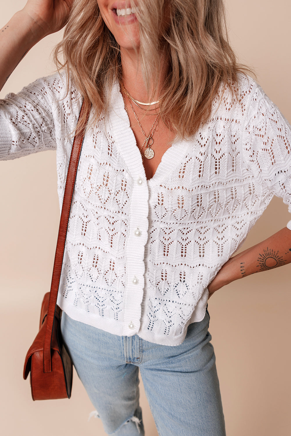 Frenchy Hollow Out Knitted V Neck Cardigan | White