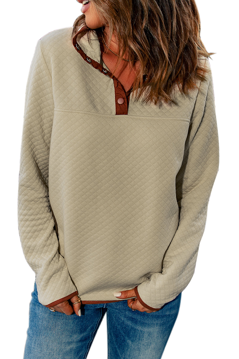 Contrast Binding Snap Button Geometric Pullover Sweatshirt | Beige