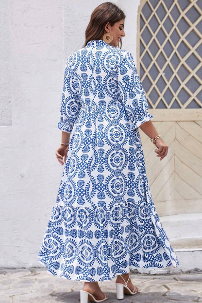 Geometric Print Lace-Up Notch Neck Plus Size Maxi Dress | Sky Blue