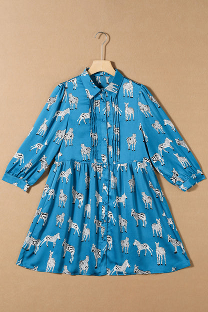 Zebra Pattern Pleated Shirt Tunic Dress | Blue Printed