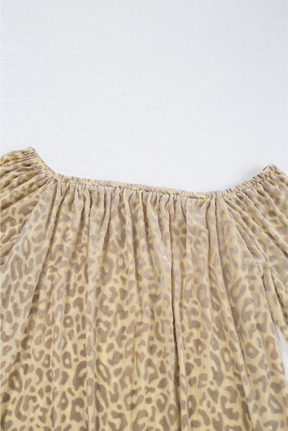 Leopard Velvet Burnout Off Shoulder Long Sleeve Blouse | Beige