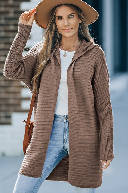 Horizontal Rib Knitted Open Front Hooded Cardigan | Brown