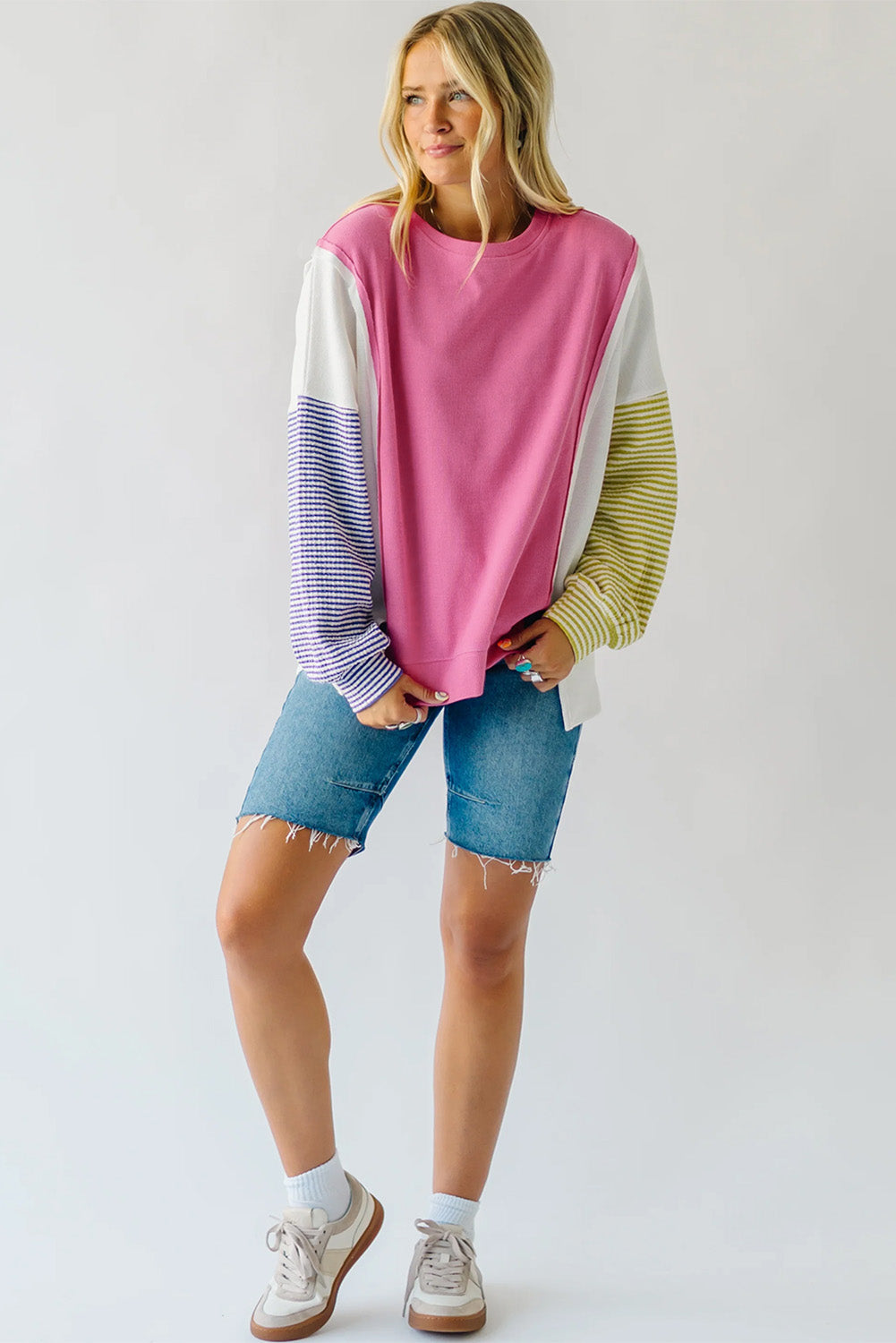 Exposed Seam Striped Colour Block Patchwork Long Sleeve Top | Sachet Pink