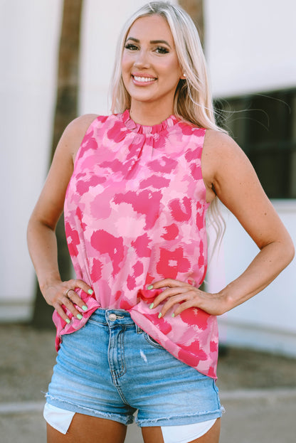 Pink  Frilled Collar Printed Tank Top | Leopard