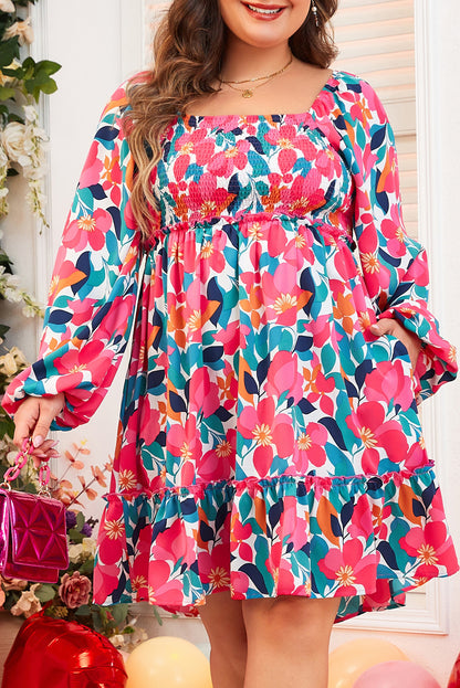 Flower Print Smocked Square Neck Plus Size Dress | Rose