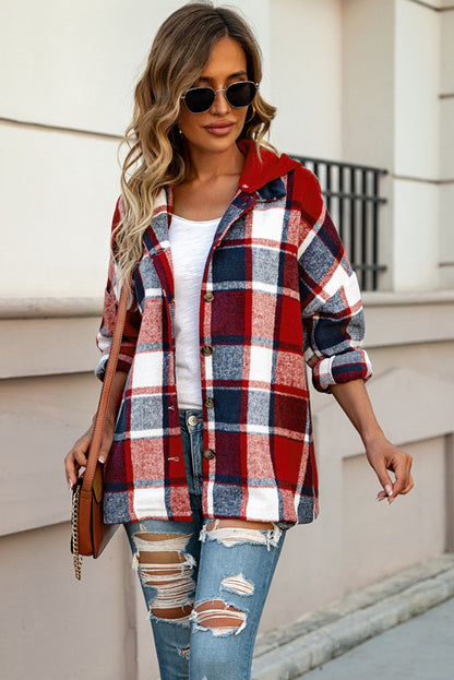 Fiery  Hooded Plaid Button Front Shacket | Red