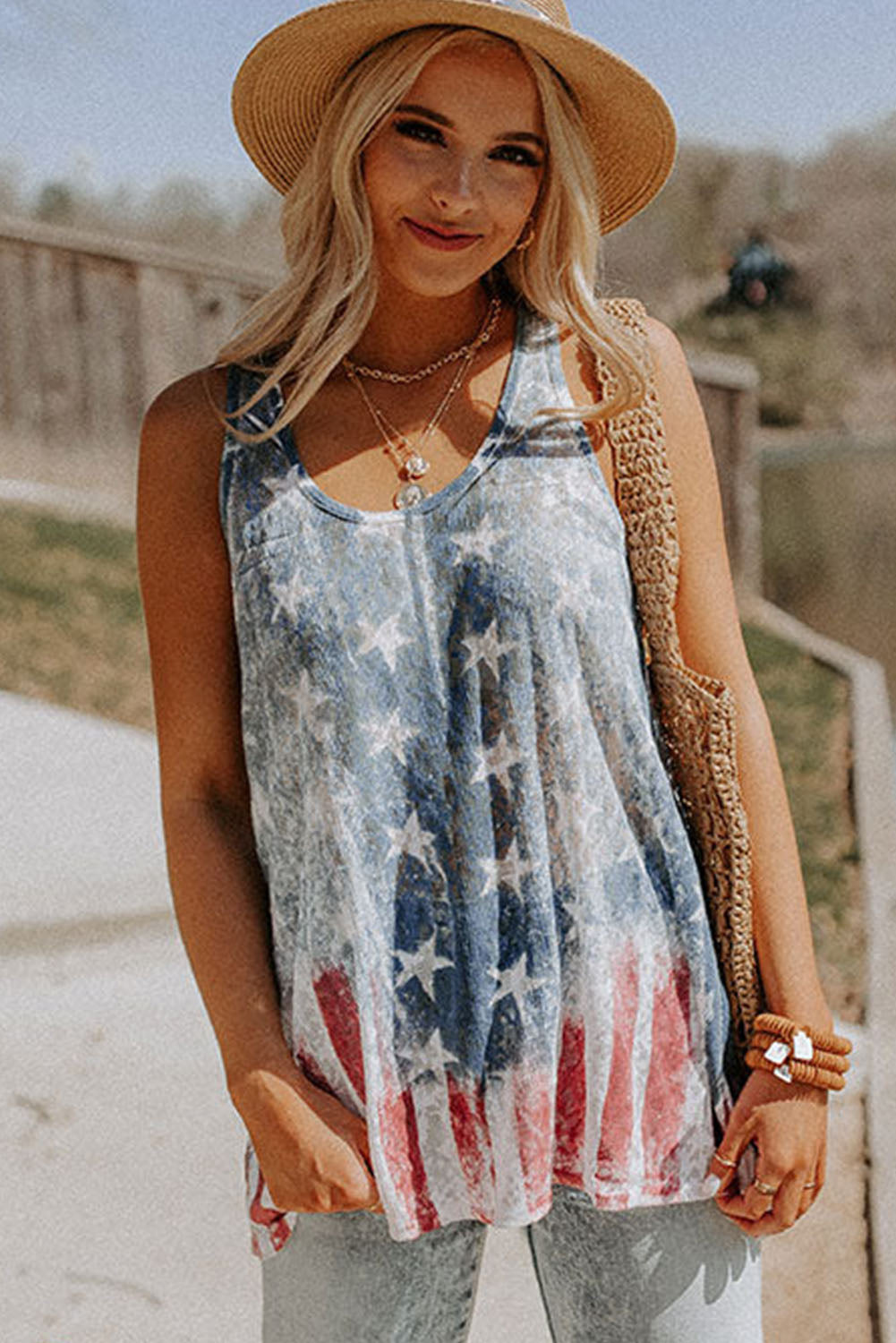 Vintage Washed Flag Print Shift Tank Top | Blue