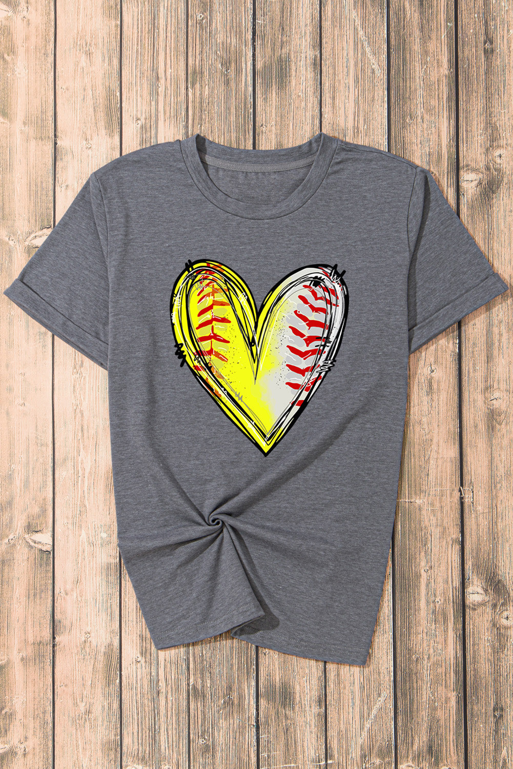 Baseball Heart Shape Print Crew Neck T Shirt | Gray