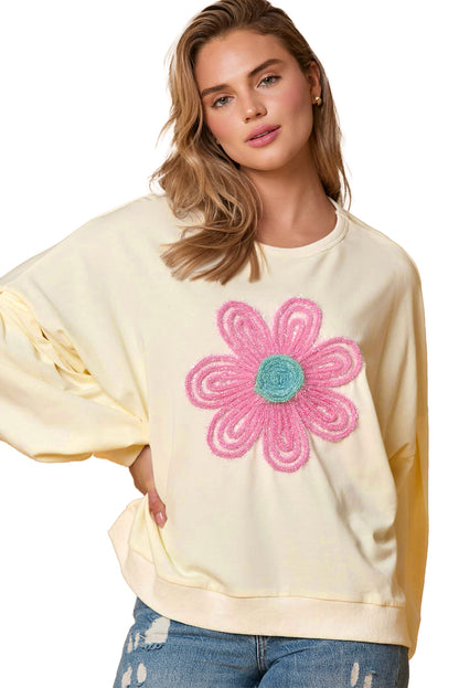 Tinsel Flower Dropped Puff Sleeve Sweatshirt | Beige