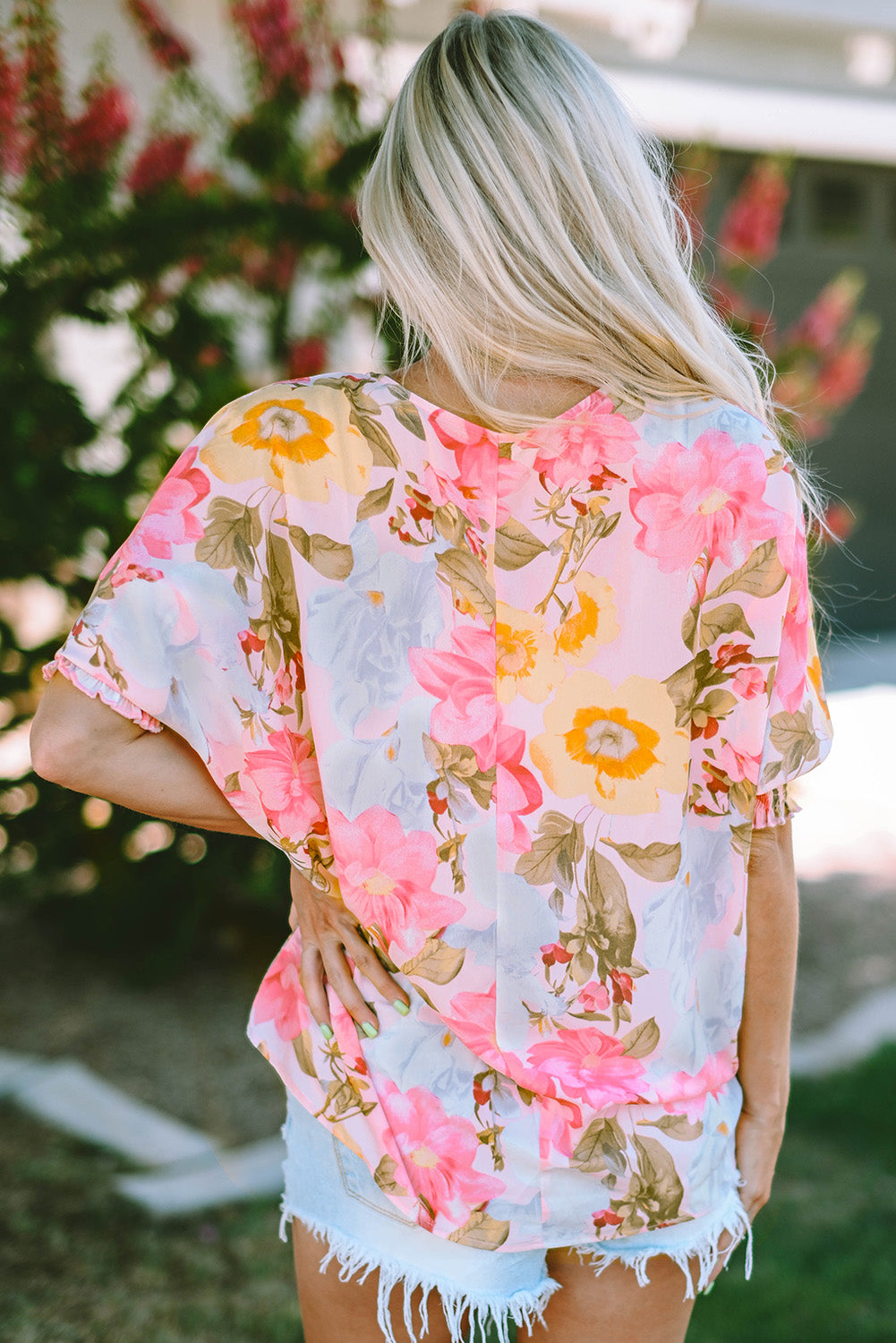 Shirred Cuff 3/4 Sleeve Loose Fit Floral Blouse | Pink