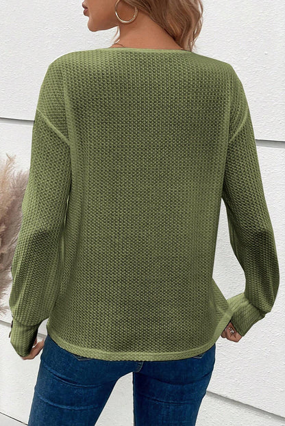 Textured Knit V Neck Button Cuffs Long Sleeve Top | Jungle Green