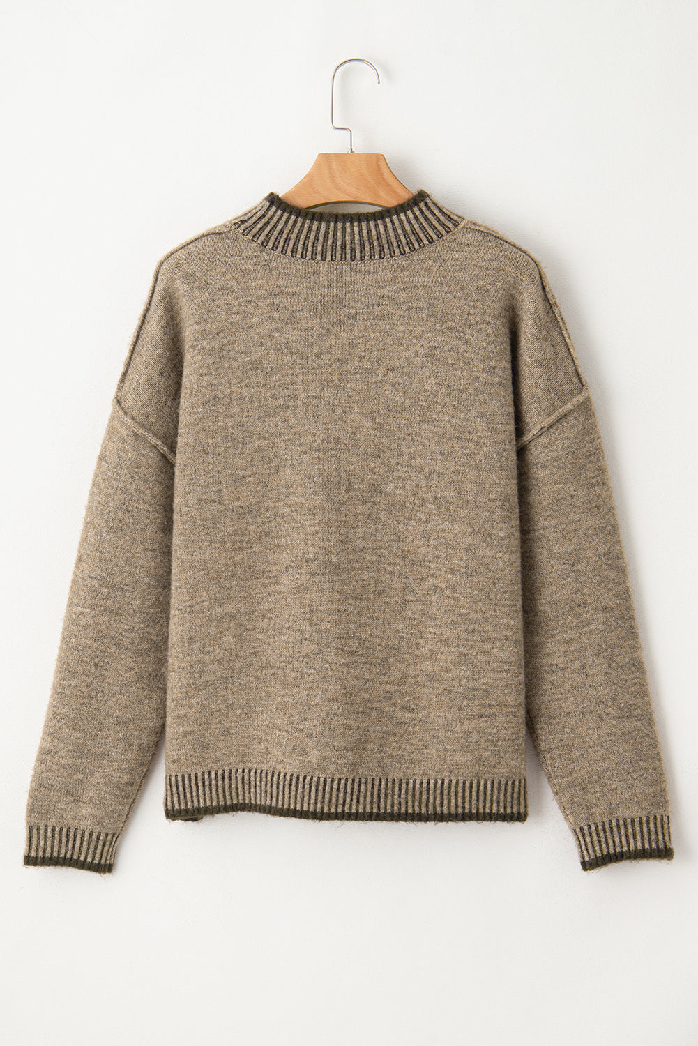 Contrast Trim Mock Neck Drop Shoulder Sweater | Pale Khaki