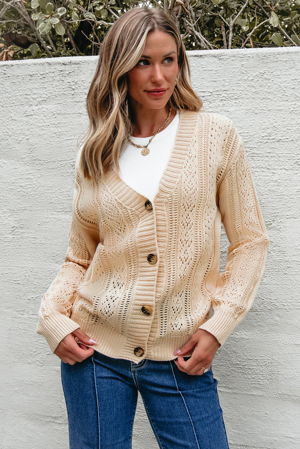 Open Knit Drop Shoulder Sweater Cardigan | Beige