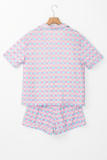 Checkered Pattern Short Sleeve Pajamas Set | Purple