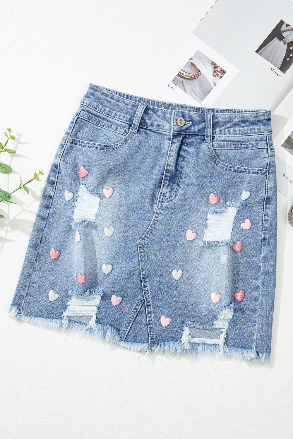 Shimmer Heart Pattern Distressed Denim Mini Skirt | Beau Blue