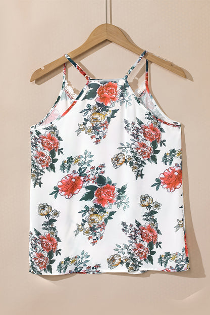 Floral Print Lace V Neck Tank Top | White