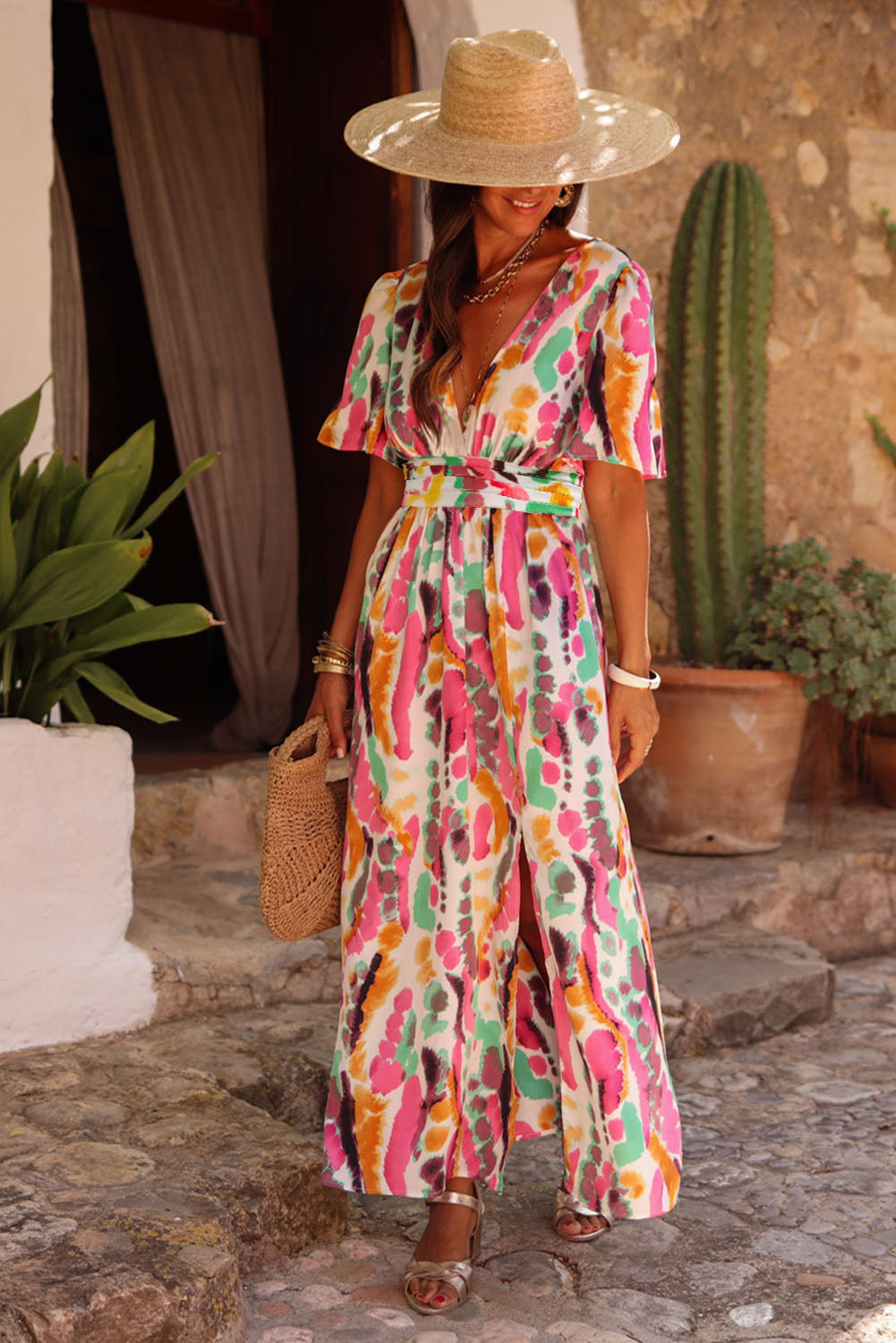 Boho Tie-Dye Print V Neck Maxi Dress | Pink