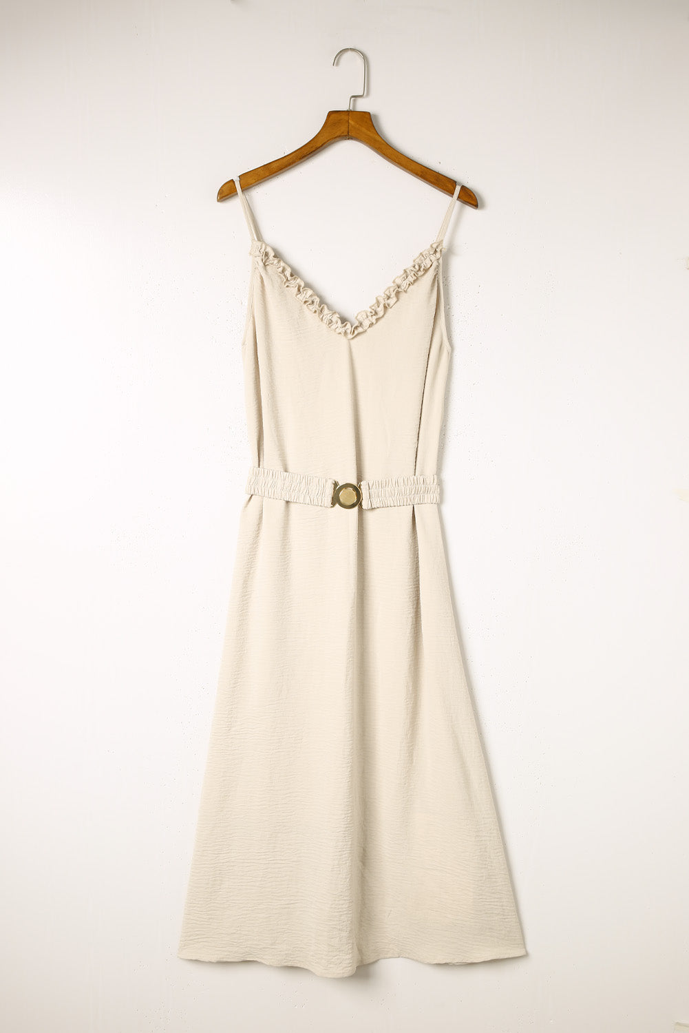 V Neck Sleeveless Maxi Dress With Elastic Belt | Apricot