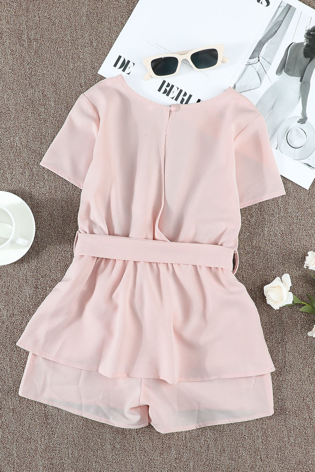 Keyhole Back Belted Peplum Girls Romper | Pink