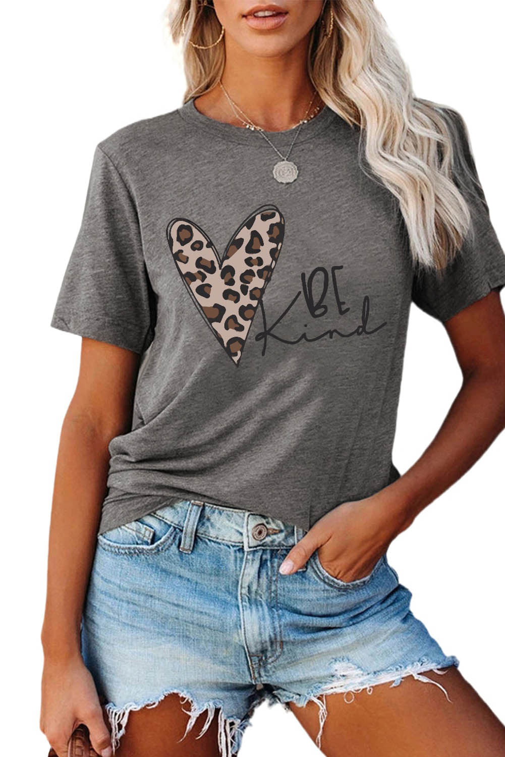 Leopard Heart Be Kind Graphic Tee | Gray