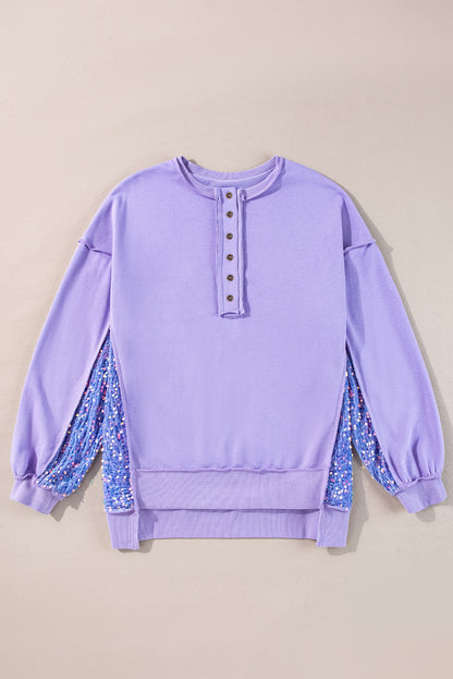 Sequin Patchwork High Low Hem Henley Sweatshirt | Lilac