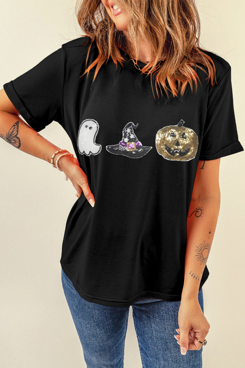 Halloween Sequin Pattern Patched Crewneck Tee | Black