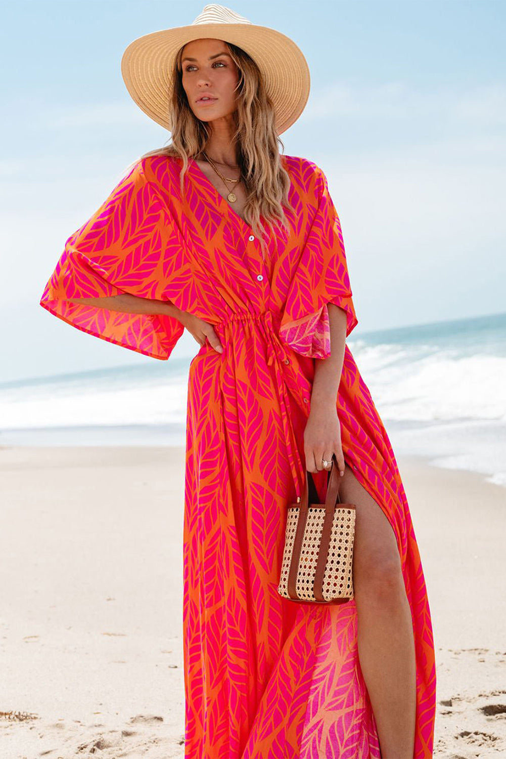 Leafy Print 3/4 Sleeve V Neck Buttoned Split Maxi Dress | Orange