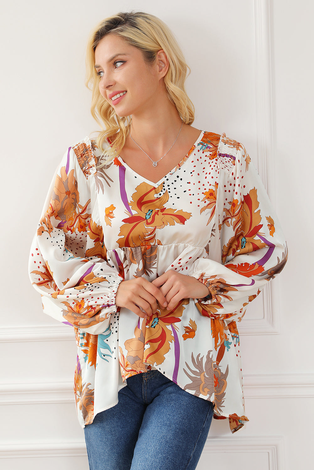 Floral Print V Neck Babydoll Blouse | Multicolour