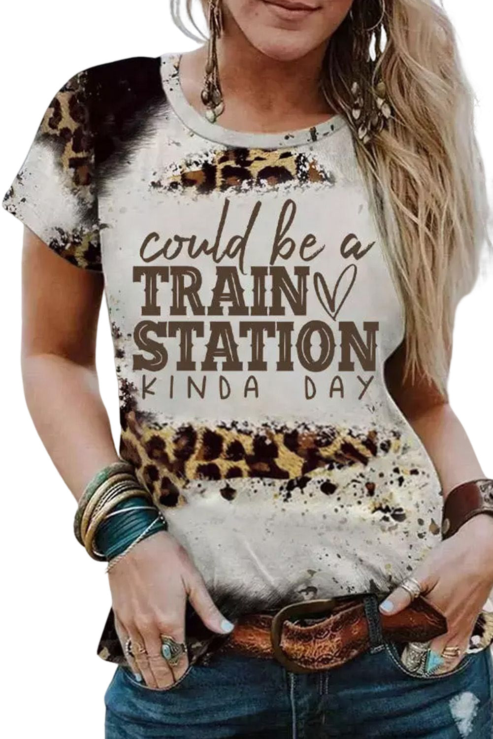 Train Station Graphic Leopard Print T Shirt | Brown