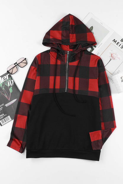 Contrast Buffalo Plaid Zip Pullover Hooded Top | Black