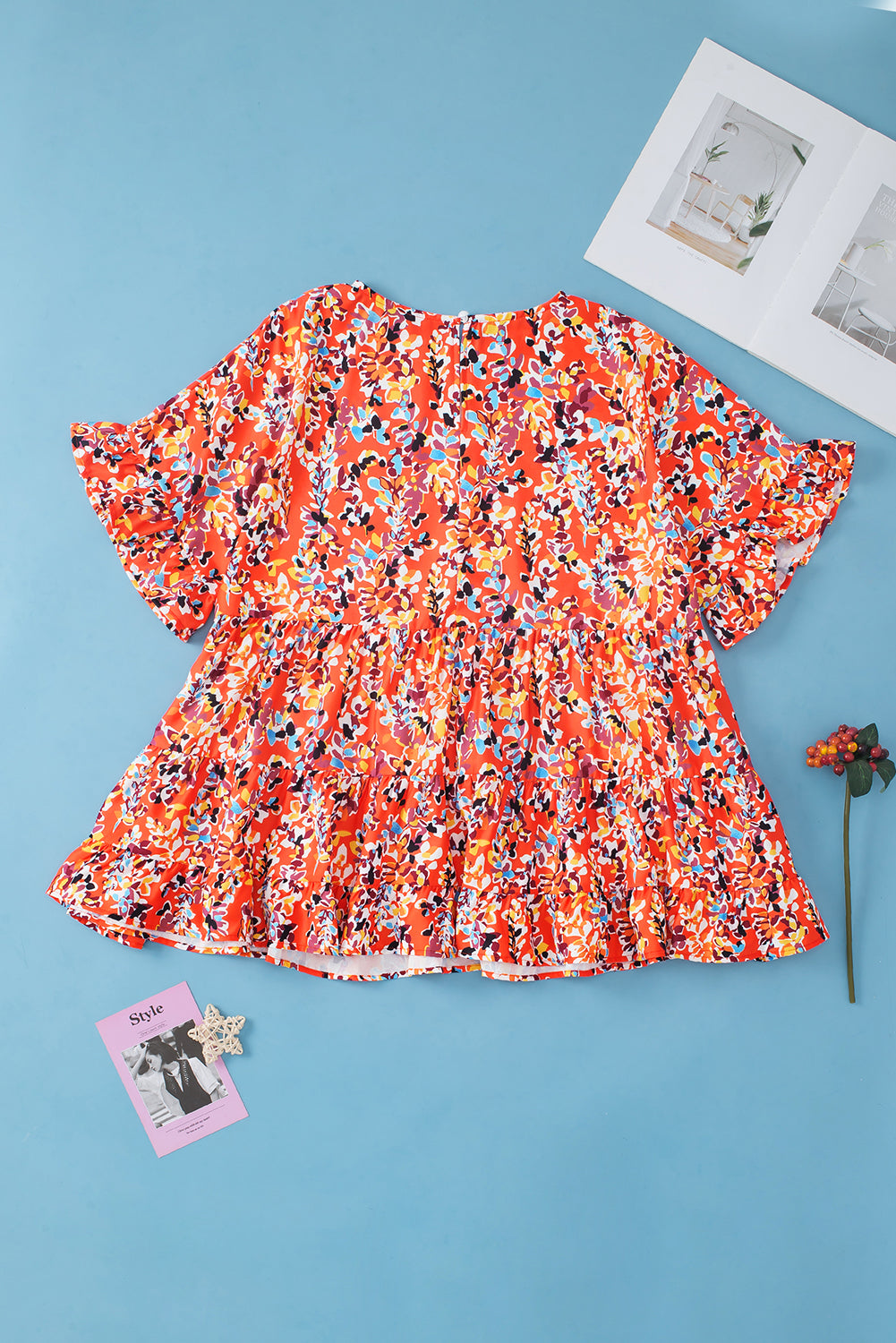 Floral Printed Ruffle Sleeve Curvy Babydoll Blouse | Orange