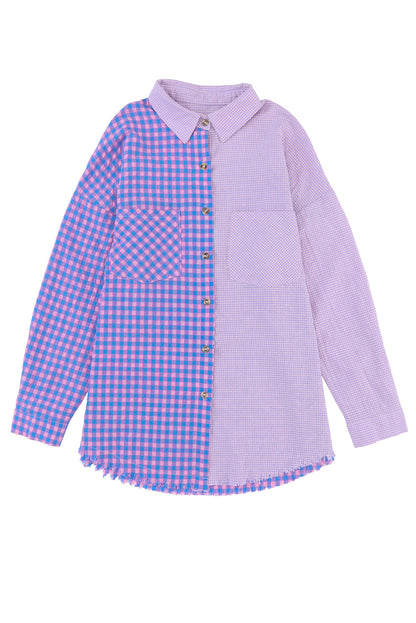 Mixed Plaid Button Down Long Sleeve Chest Pocket Shirt | Purple