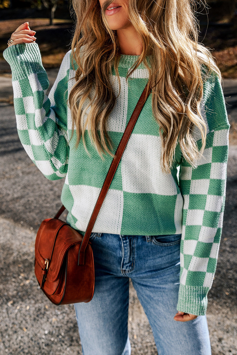 Checkered Print Drop Shoulder Sweater | Mint Green