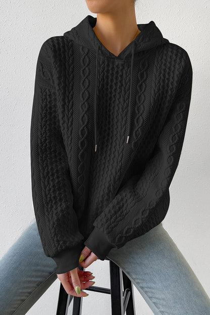 Cable Textured Casual Drawstring Hoodie | Black