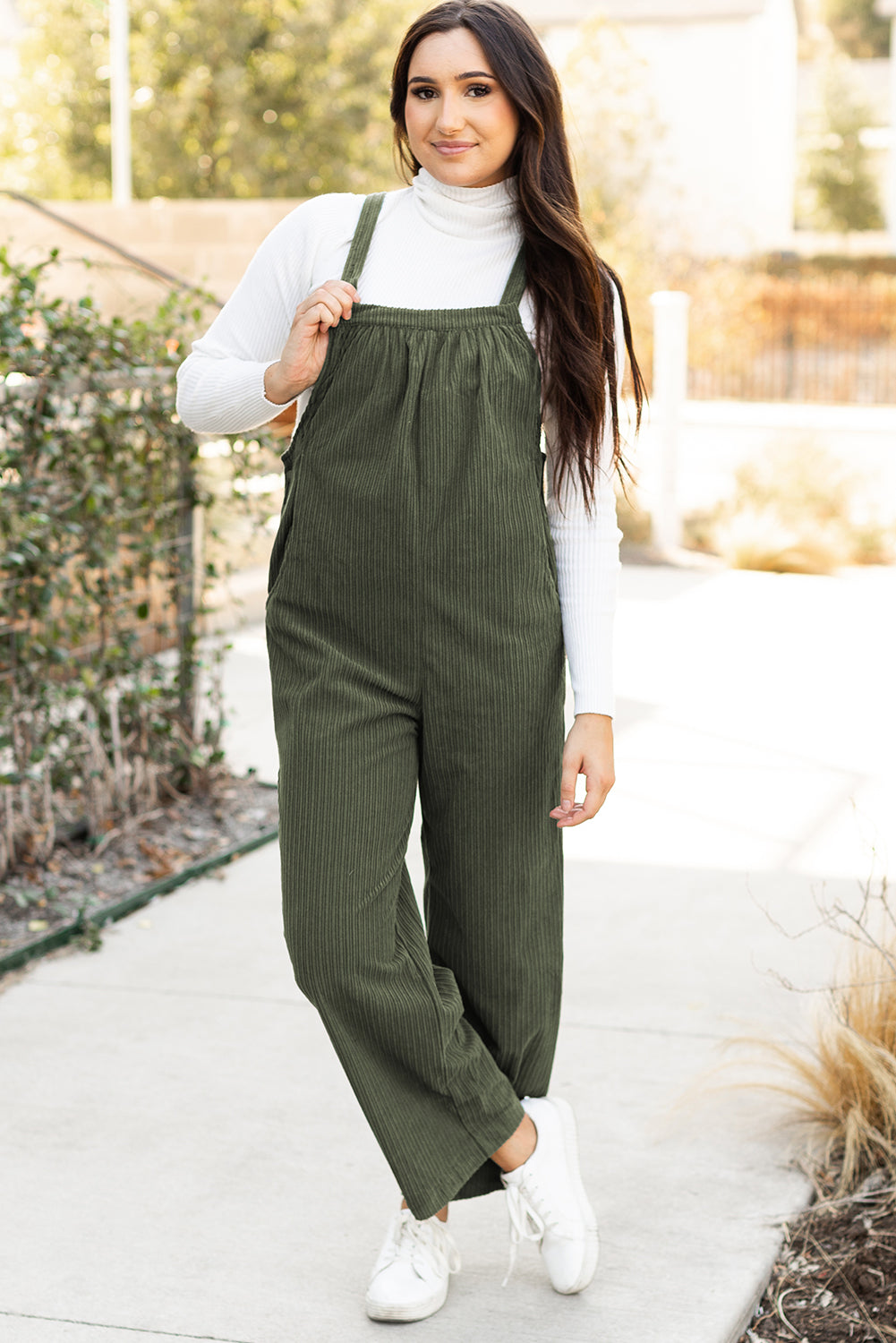 Solid Pocketed Loose Fit Corduroy Overall | Jungle Green