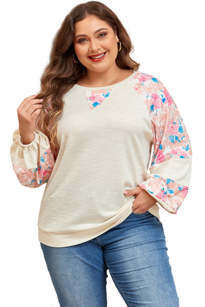 Plus Size Floral Patchwork Ribbed Puff Sleeve Top | Apricot