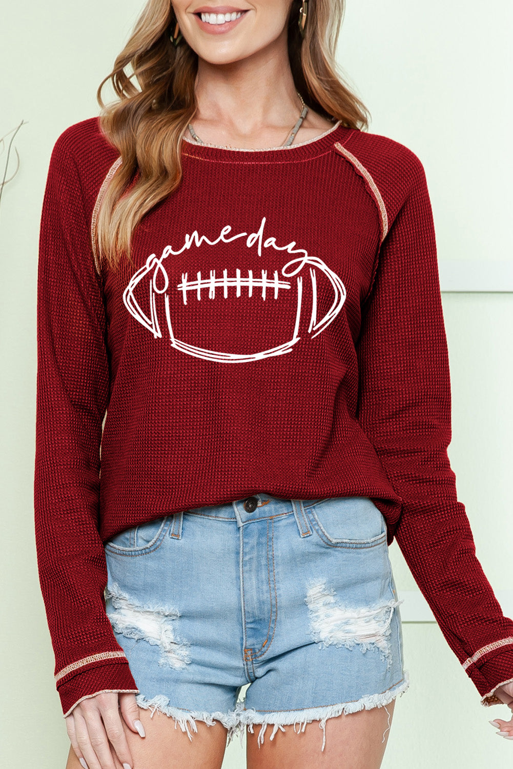 Game Day Rugby Football Graphic Thermal Knit Top | Red