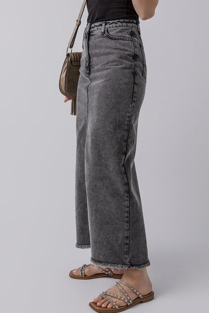 Denim Raw Hem Back Split High Waist Long Skirt | Dark Grey