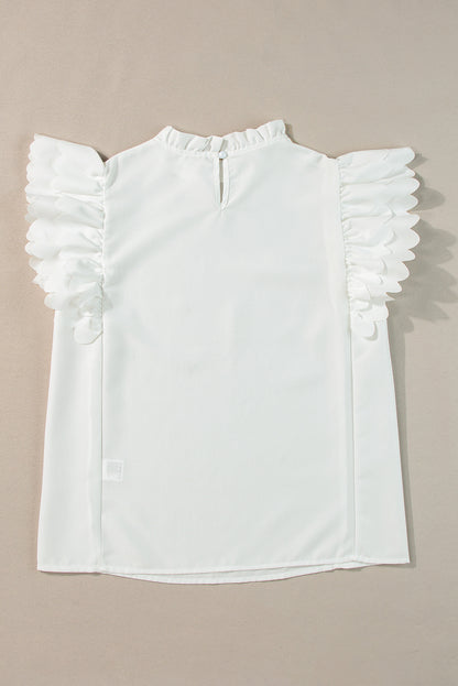 Solid Colour Scalloped Ruffle Sleeve Top | White