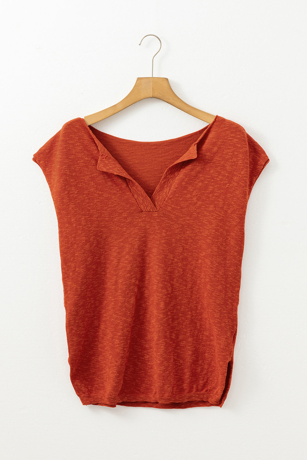 Solid Colour Split V Neck Short Sleeve Sweater | Orange