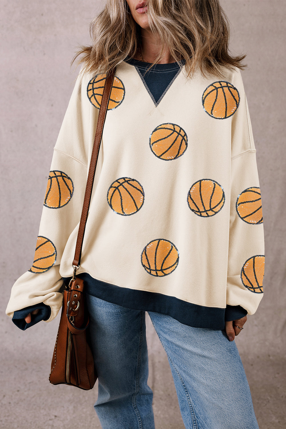 Sequin Basketball Graphic Colourblock Edge Sweatshirt | White